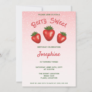 Invitation 3 Fraises Rouges Sur Anniversaire Rose Sucré aux B