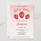 Invitation 3 Fraises Rouges Sur un Anniversaire Sucré Rose (Devant)