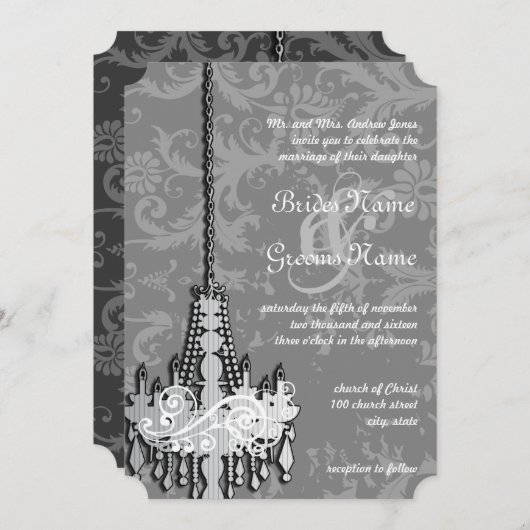 Invitation 3 lustres en argent et gris Mariage damassé Invita (Devant / Derrière)