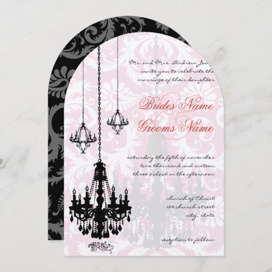 Invitation 3 lustres noirs Shadow Pink Mariage damassé (Devant / Derrière)