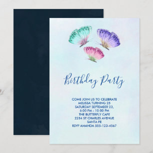 Invitation 3 Papillons pastel colorés à l'aquarelle pour anni