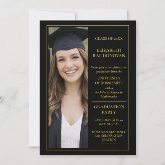 Invitation 3 Photo Black and Gold Graduation Party | (Devant)