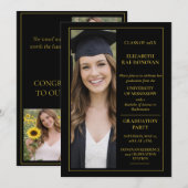 Invitation 3 Photo Black and Gold Graduation Party | (Devant / Derrière)