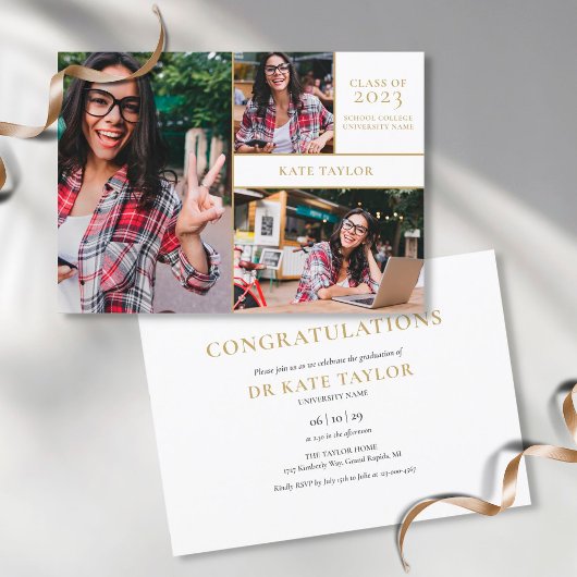 Invitation 3 Photo Collage moderne Gold Graduation Party