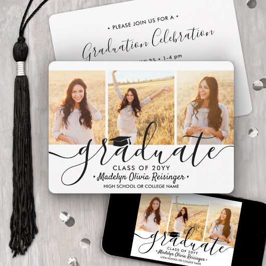 Invitation 3 Photo Collage moderne Script Graduation Party