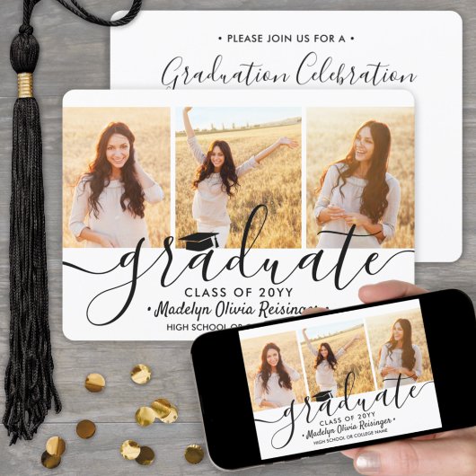 Invitation 3 Photo Collage moderne Script Graduation Party