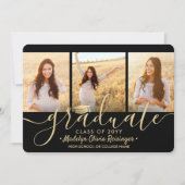 Invitation 3 Photo Collage Script Black Gold Graduation Party (Devant)