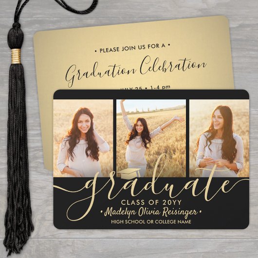 Invitation 3 Photo Collage Script Black Gold Graduation Party