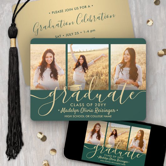Invitation 3 Photo Collage Script Green Gold Graduation Party