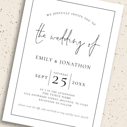 Invitation 3 Photos Ligne de script Bordure QR Noir Blanc Mar