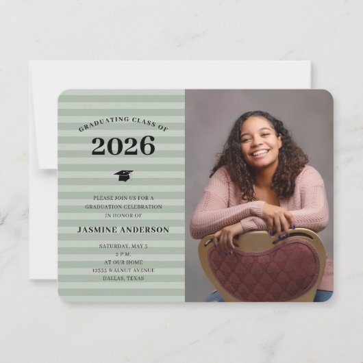 Invitation 3 Photos Moderne Sage Stripes Graduation Party (Devant)