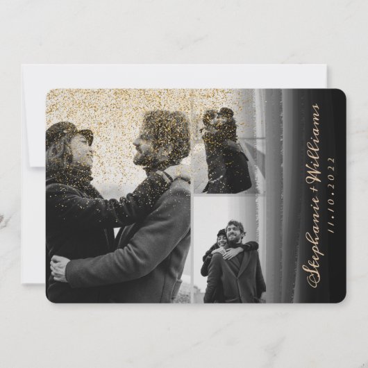 Invitation 3 photos parties scintillant or noir Mariage Aquar (Devant)