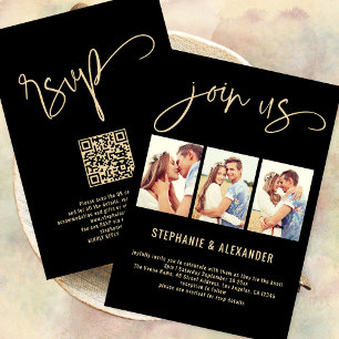 Invitation 3 Photos Rejoignez-nous Script Mariage Gold Black