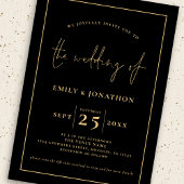 Invitation 3 Photos Script Line QR Code Black Gold Mariage