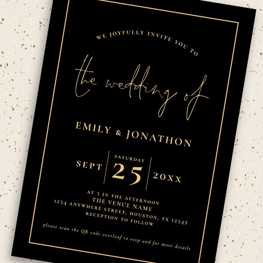 Invitation 3 Photos Script Line QR Code Black Gold Mariage