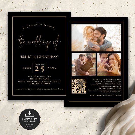 Invitation 3 Photos Script Line QR Code Black Gold Mariage