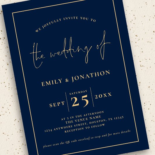 Invitation 3 Photos Script Line QR Code Marine Gold Mariage
