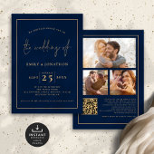 Invitation 3 Photos Script Line QR Code Marine Gold Mariage