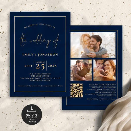 Invitation 3 Photos Script Line QR Code Marine Gold Mariage