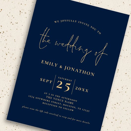 Invitation 3 Photos Script QR Code Marine Blue Gold Mariage