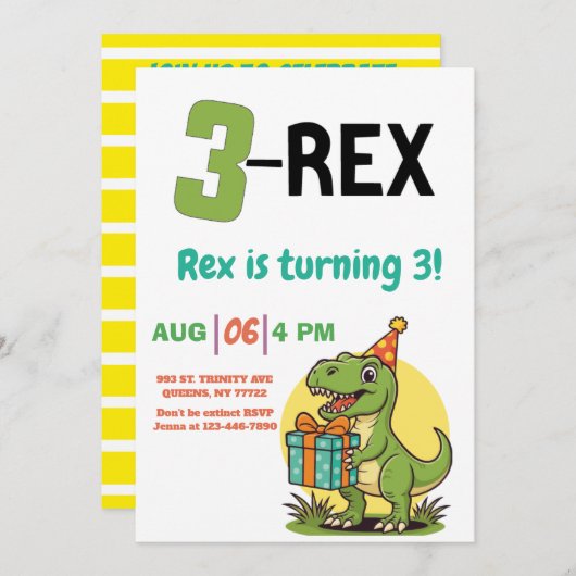 Invitation 3-Rex Dinosaur mignon 3-Rex anniversaire (Devant / Derrière)