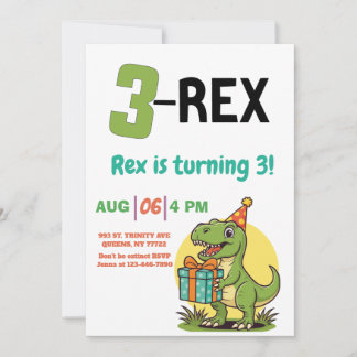 Invitation 3-Rex Dinosaur mignon 3-Rex anniversaire