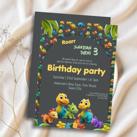 Invitation 3d Dino mignon équipe dinosaure 3e anniversaire In