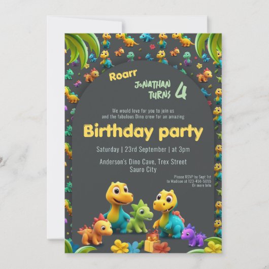 Invitation 3d Dino mignon équipe dinosaure 4e anniversaire In (Devant)