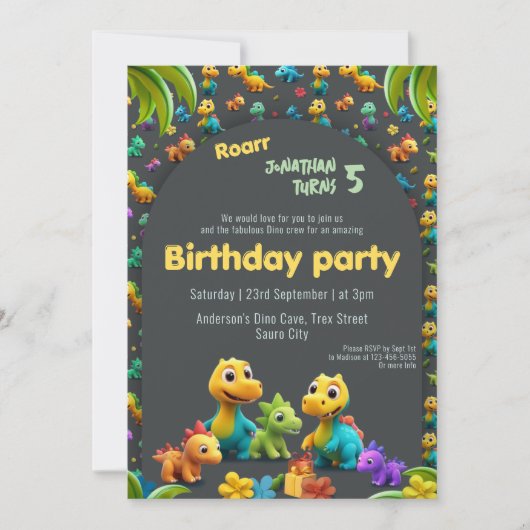 Invitation 3d Dino mignon équipe dinosaure 5e anniversaire In (Devant)
