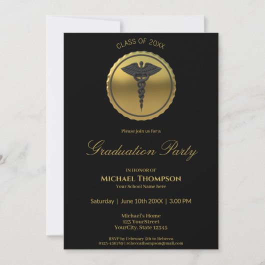 Invitation 3D Gold Medical Caduceus Emblem Graduation (Devant)