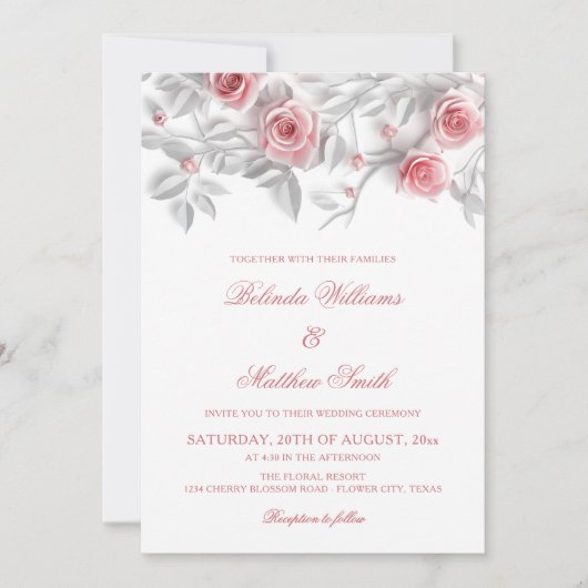 Invitation 3D Roses Simple White Floral Wedding (Devant)