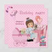 Invitation 3e anniversaire 3 parties Coeurs roses mignons Fil (Devant / Derrière)