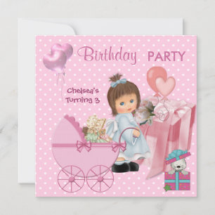 Invitation 3e anniversaire 3 parties Coeurs roses mignons Fil