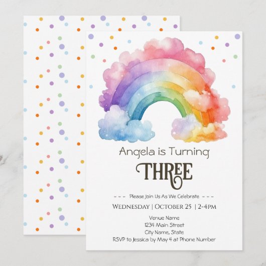 Invitation 3e anniversaire aquarelle Rainbow Kids (Devant / Derrière)