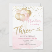 Invitation 3e anniversaire Ballons rose et or (Devant)