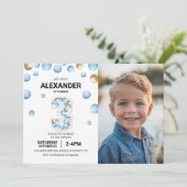 Invitation 3e anniversaire Boy Party Photo Blue Gold Balloon (Debout devant)