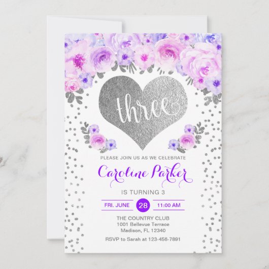 Invitation 3e anniversaire - Coeur d'argent blanc violet fleu (Devant)