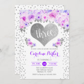 Invitation 3e anniversaire - Coeur d'argent blanc violet fleu (Devant / Derrière)