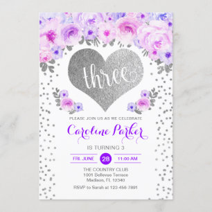 Invitation 3e anniversaire - Coeur d'argent blanc violet fleu