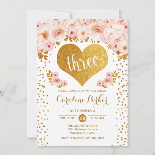 Invitation 3e anniversaire - Coeur d'or blanc rose floral (Devant)