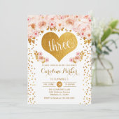 Invitation 3e anniversaire - Coeur d'or blanc rose floral (Debout devant)