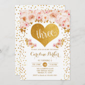 Invitation 3e anniversaire - Coeur d'or blanc rose floral (Devant / Derrière)