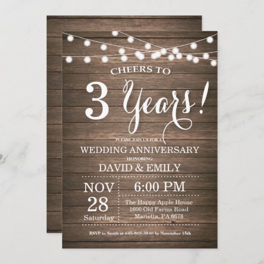 Invitation 3e anniversaire de mariage Bois rustiqu (Devant / Derrière)