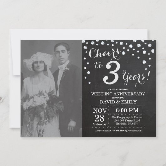 Invitation 3e anniversaire de mariage tableau noir argent (Devant)
