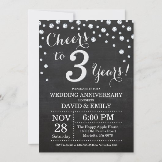 Invitation 3e anniversaire de mariage tableau noir argent (Devant)