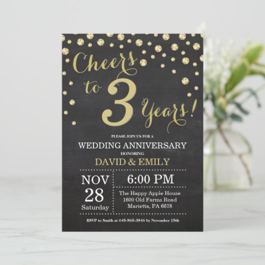 Invitation 3e anniversaire de mariage tableau noir et or (Debout devant)