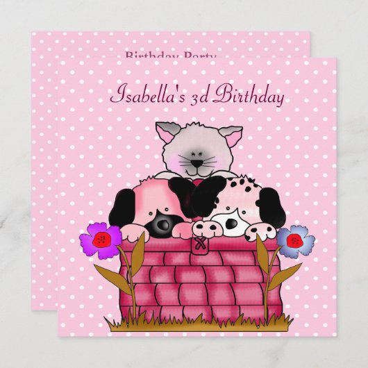 Invitation 3e anniversaire fêtards chats chats amis chiens (Devant / Derrière)