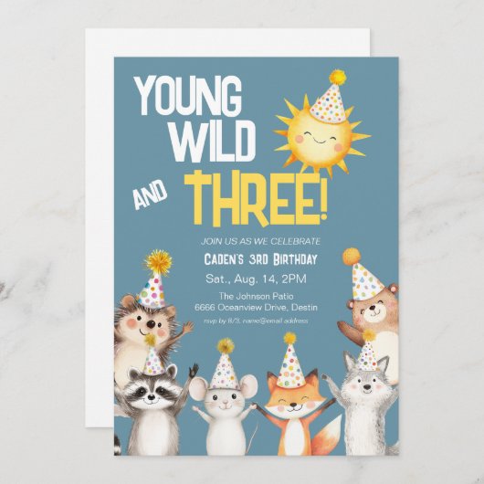 Invitation 3e anniversaire fête Casquette Forêt Animaux Anniv (Devant / Derrière)