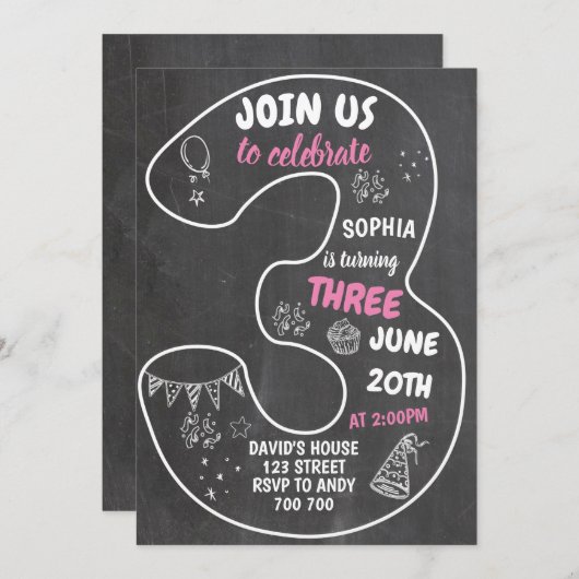 Invitation 3e anniversaire fille tableau noir numéro rose (Devant / Derrière)