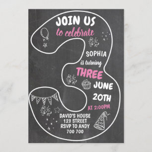 Invitation 3e anniversaire fille tableau noir numéro rose